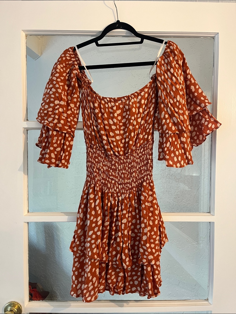 Forever 21 Rust and White Dot Off-Shoulder Smocked Mini Dress
